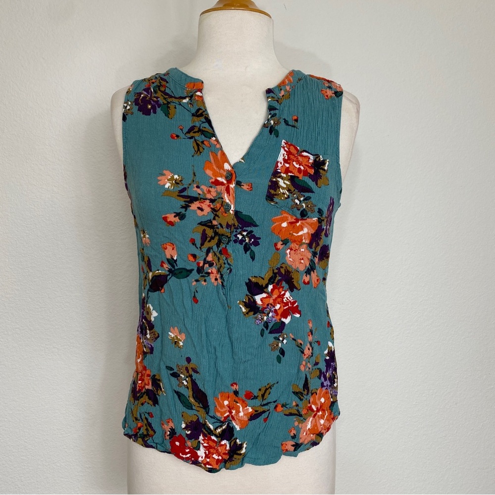 Market & Spruce Women's Teal Floral Rayon Sleeveless Stretch Blouse Size Large